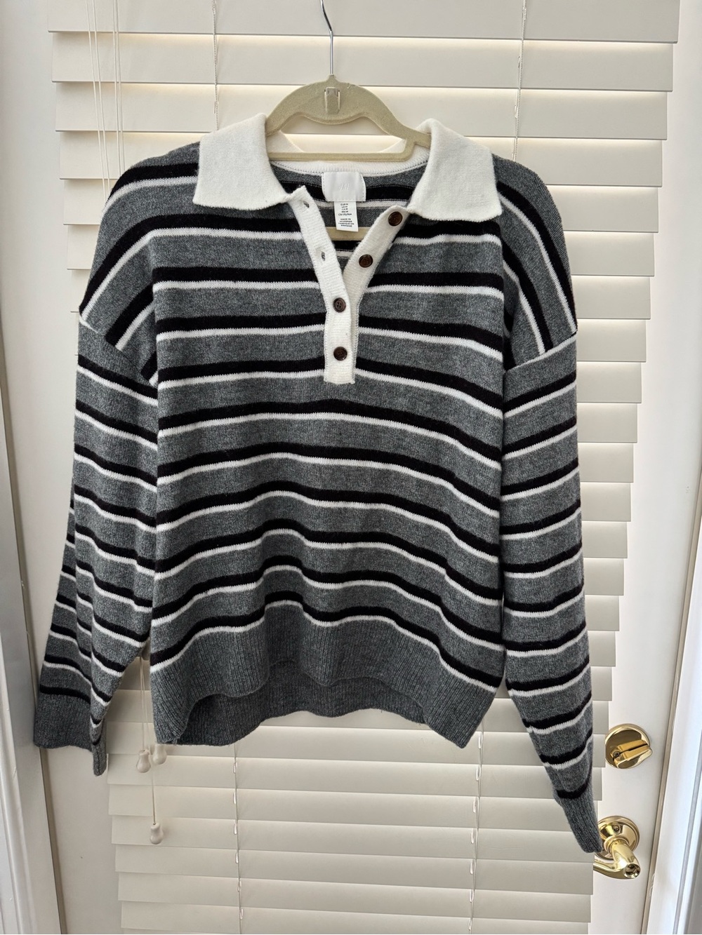 H&M Oversized Polo Sweater Gray Melange/Dark Brown/White Striped